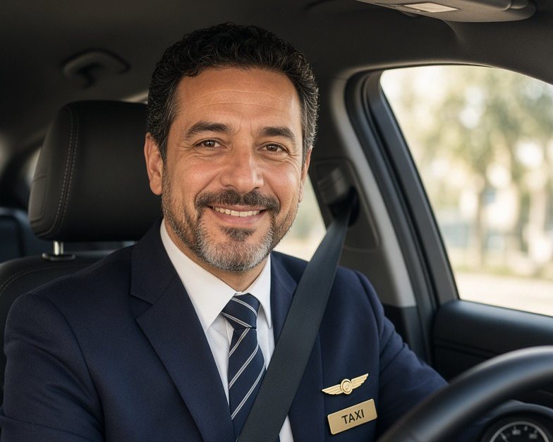 Glimlachende chauffeur van Prestige Taxi achter het stuur