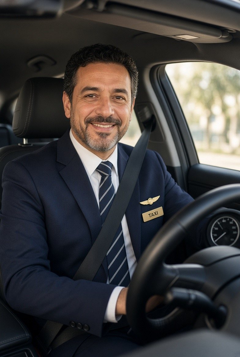 Chauffeur van Prestige Taxi in pak achter het stuur