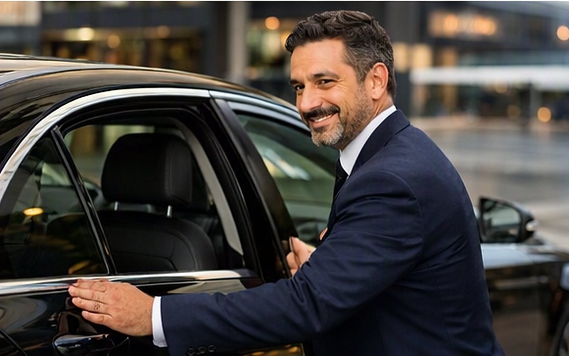 Chauffeur opent de deur van een zwarte Mercedes
