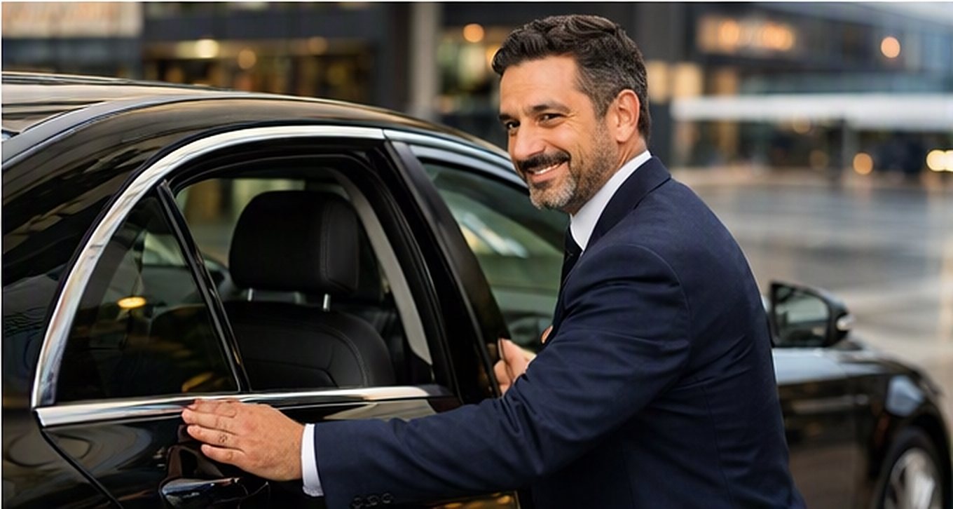 Chauffeur van Prestige Taxi opent de deur van een zwarte Mercedes