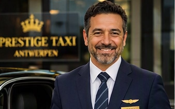 Chauffeur van Prestige Taxi opent de deur, met het bord Prestige Taxi Antwerpen