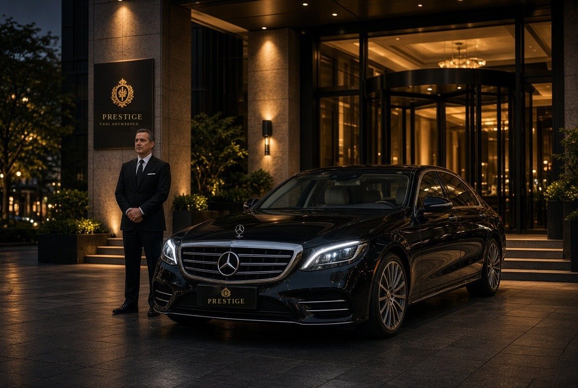 Chauffeur in pak naast een zwarte Mercedes van Prestige Taxi